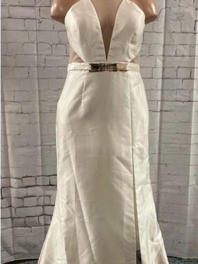 Ivory Plunge-Neck Satin Evening Dress with Gold Belt